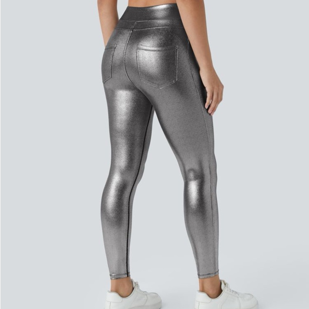Halara SoftlyZero Faux Leather High Waisted Pocket Work Leggings Medium Silver - Picture 2 of 9